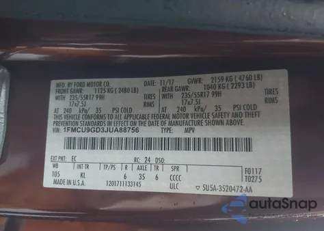 2018 Ford Escape Se from USA, damaged, VIN 1FMCU9GD3JUA88756